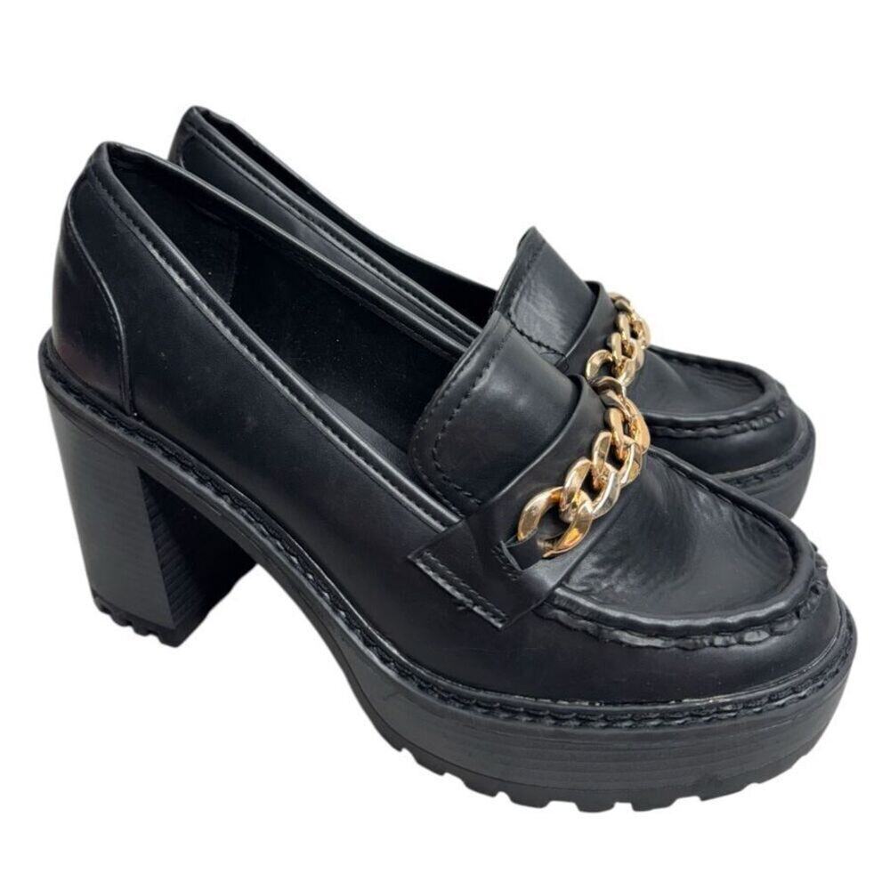 New York & Company Heeled Loafers Size 10 Black Block Heel Retro Rubber Platform